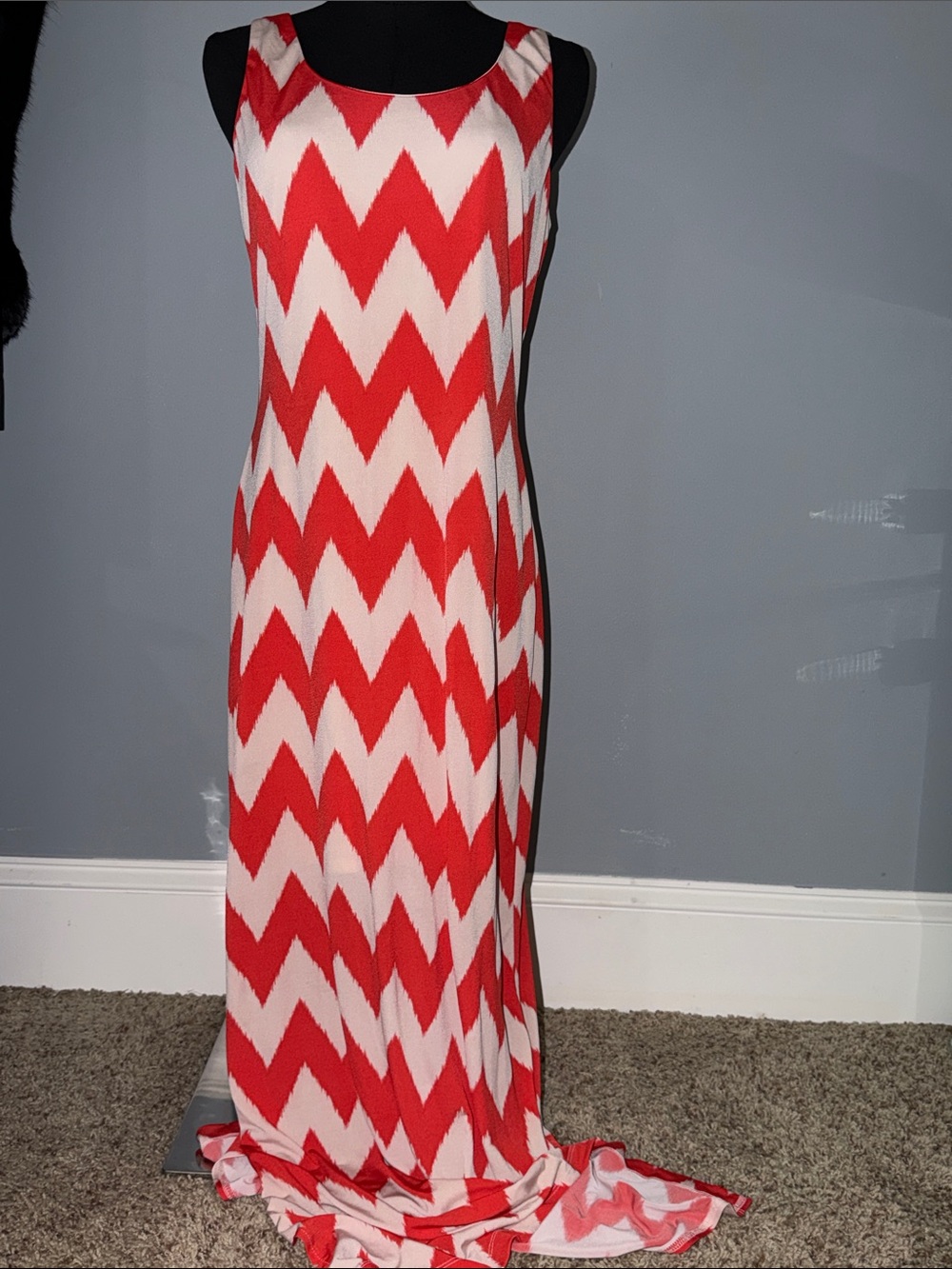 Jessica Howard Side Split Red and Peach Chevron Maxi Dress